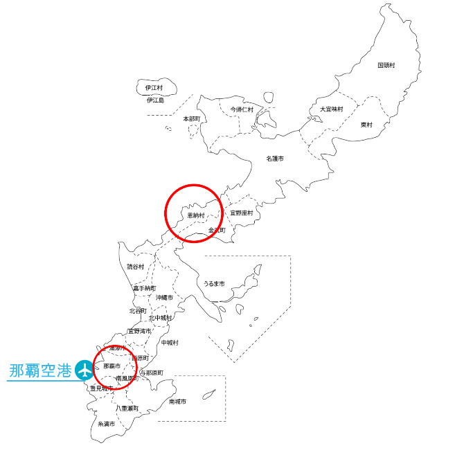 沖縄の地図、那覇と恩納村に印