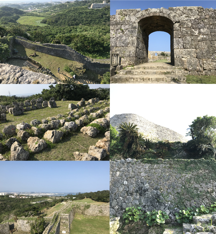 世界遺産の中城城跡のアーチ型の門や絶景ポイントなどの写真コラージュ